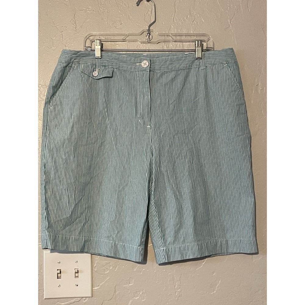Laura Scott High Rise Bermuda Shorts Sz 16 Golf Country Club Aqua Stripe Academi